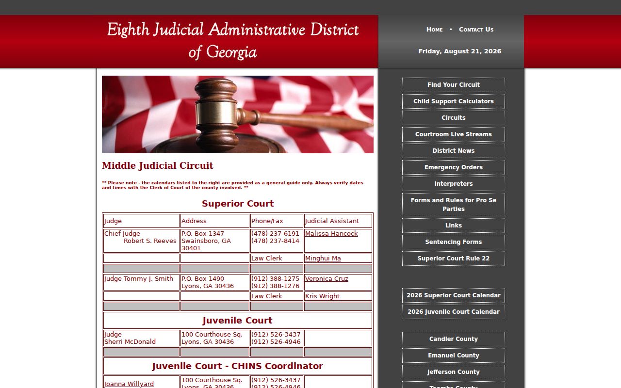 Toombs County court calendar links on the Middle Judicial Circuit page