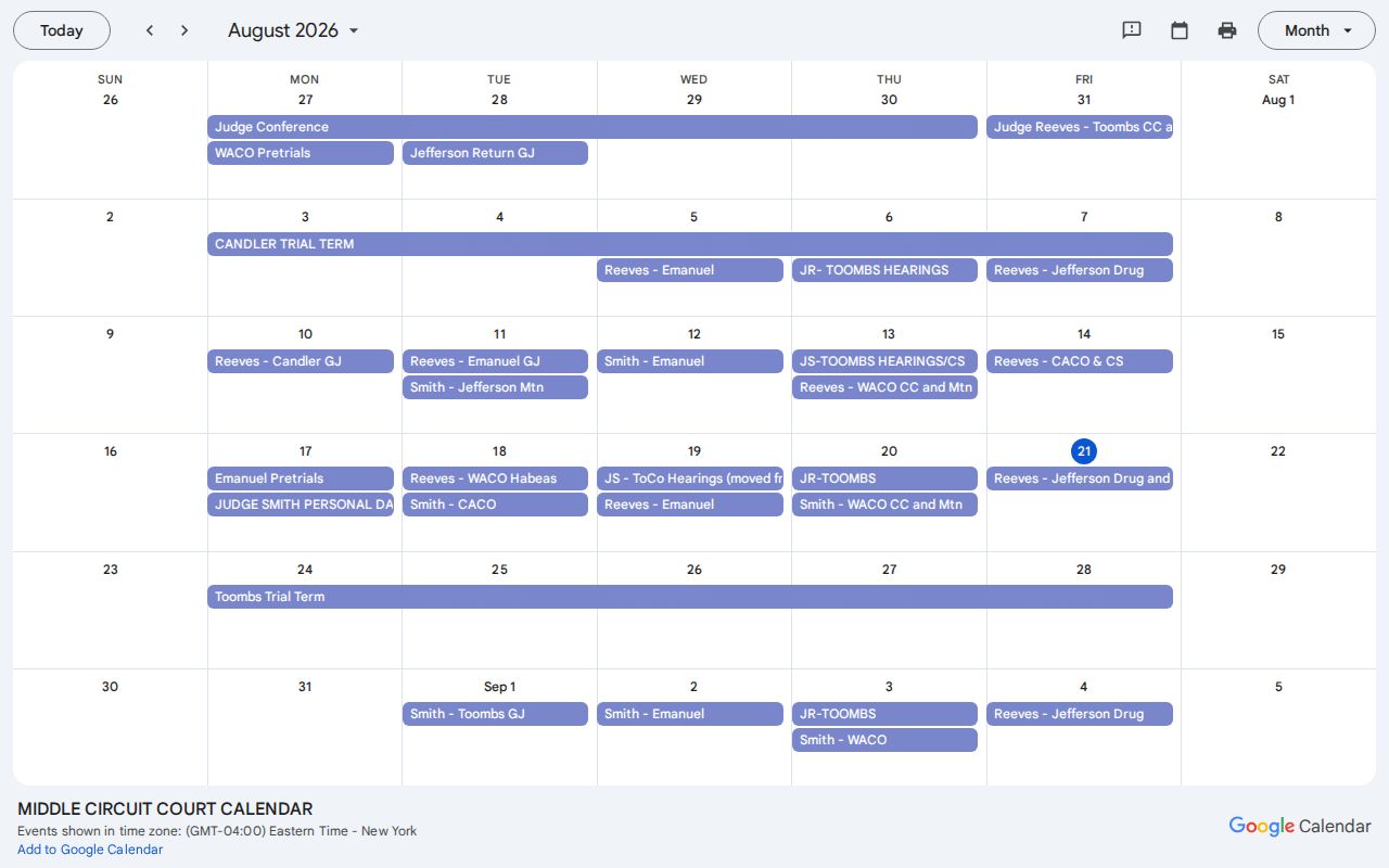 Toombs County Superior Court calendar embedded through the Middle Circuit