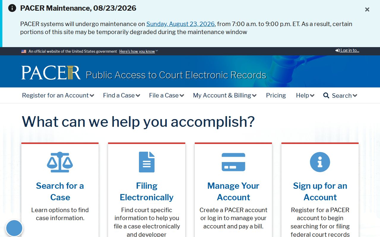 PACER official federal court docket access page
