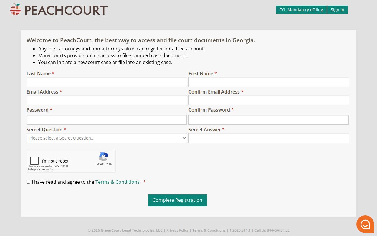 Toombs County case search PeachCourt account registration fields