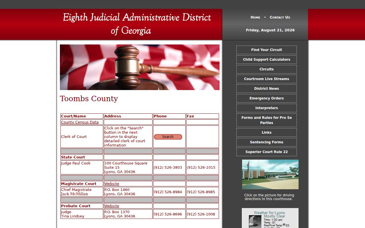 Eighth Judicial District Toombs County court directory and circuit contacts