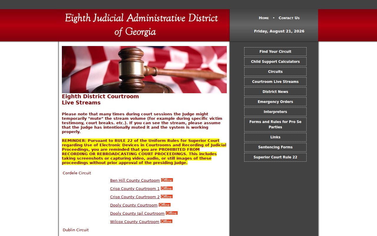 Toombs County court calendar courtroom and livestream index