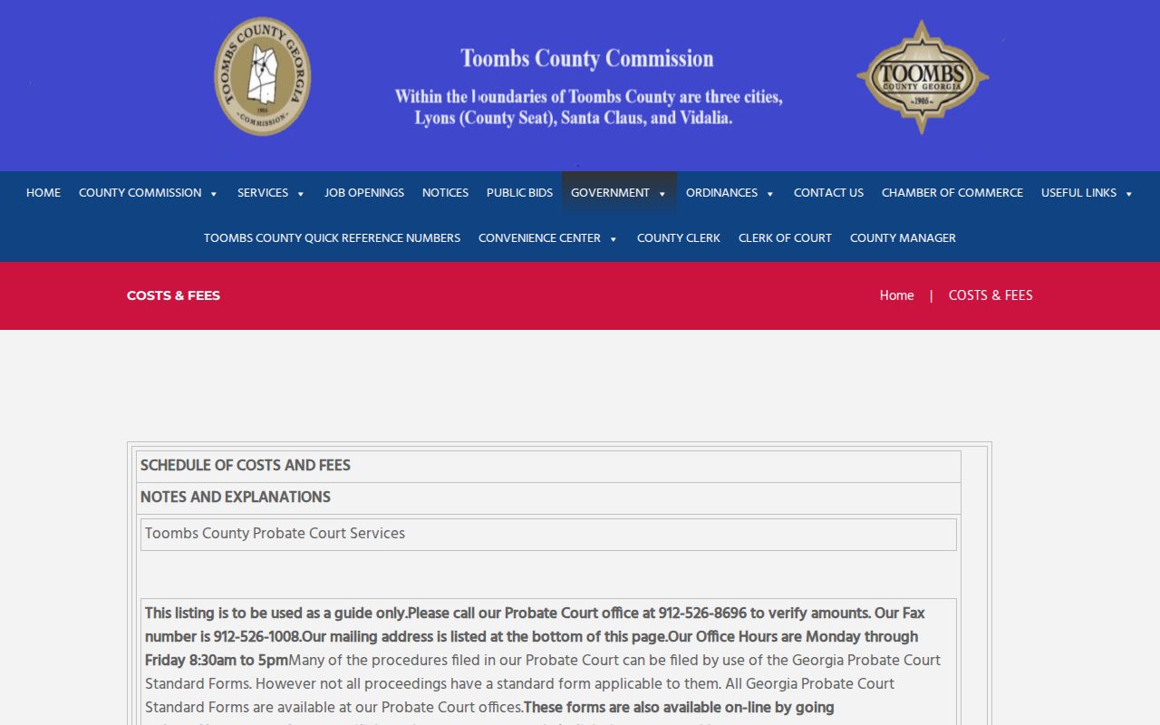 Toombs County court records probate fee schedule