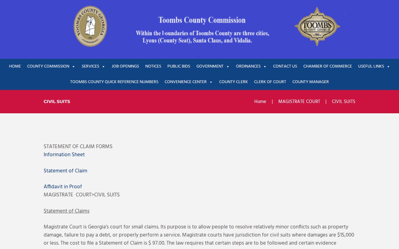 Toombs County Magistrate Court small claims forms and filing information