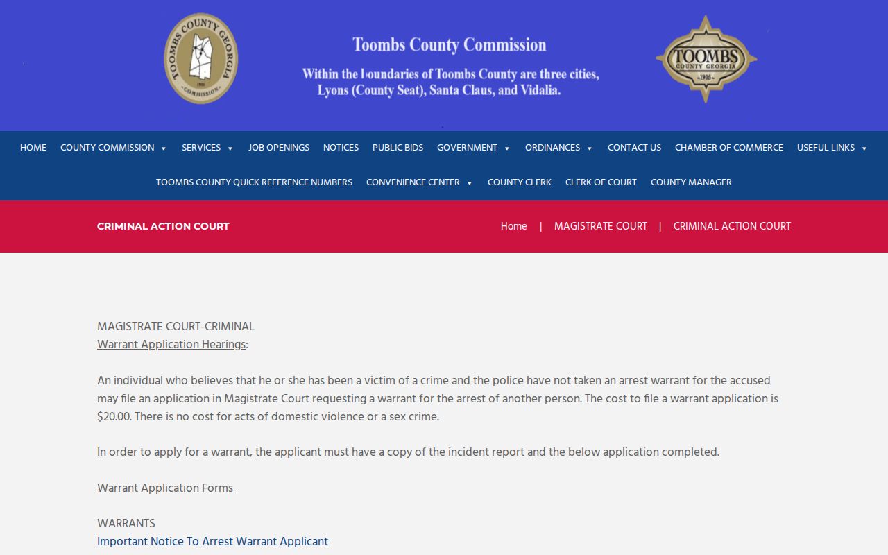Toombs County Magistrate Court warrant application instructions